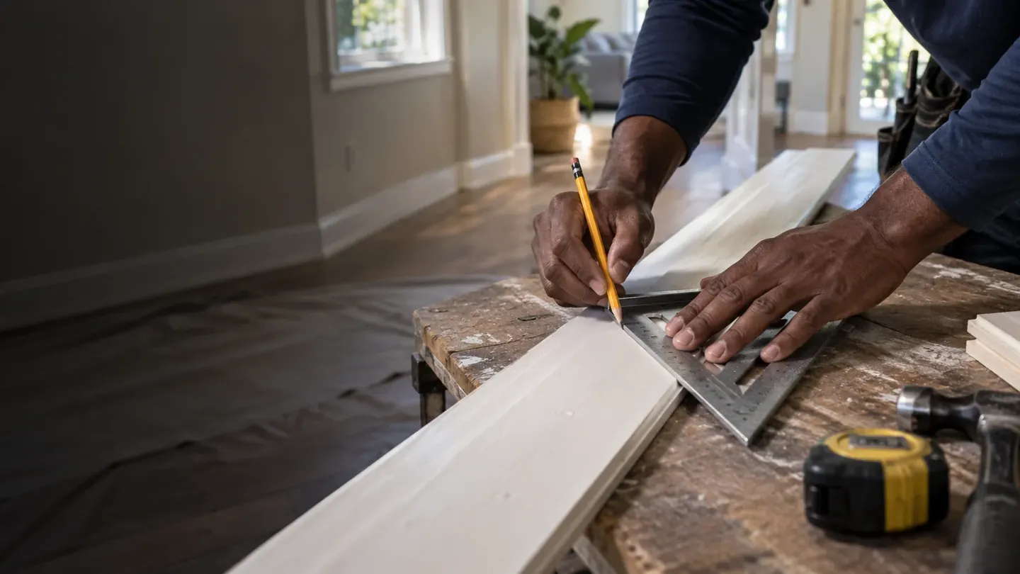Illustrative close-up of a Black tradesperson marking a trim board with a carpenter square