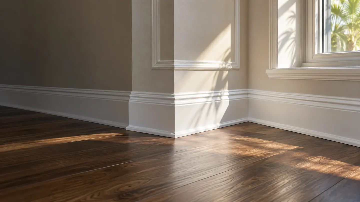 Illustrative finished white baseboards and wall molding beside a wood-look floor