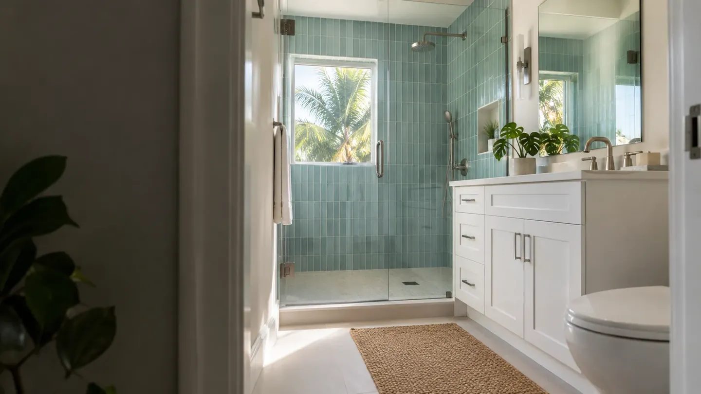 Illustrative remodeled bathroom with blue-green tile, a white vanity and a frameless shower