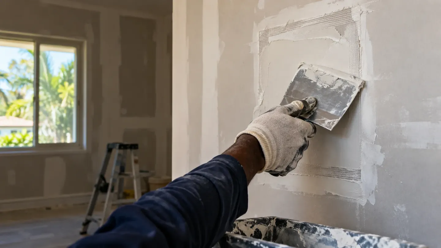 Illustrative Black tradesperson smoothing joint compound over a drywall patch