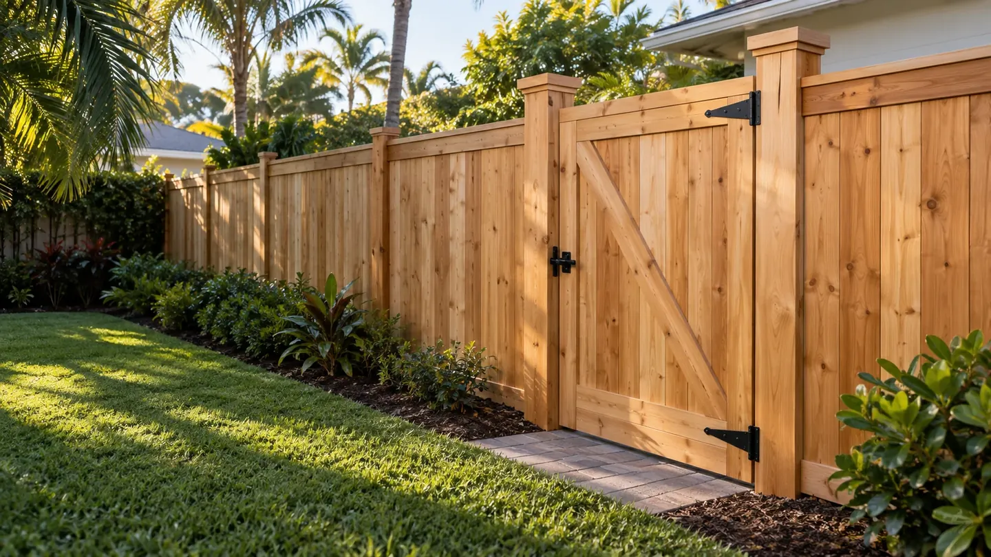 Illustrative cedar fence and gate in a landscaped South Florida yard