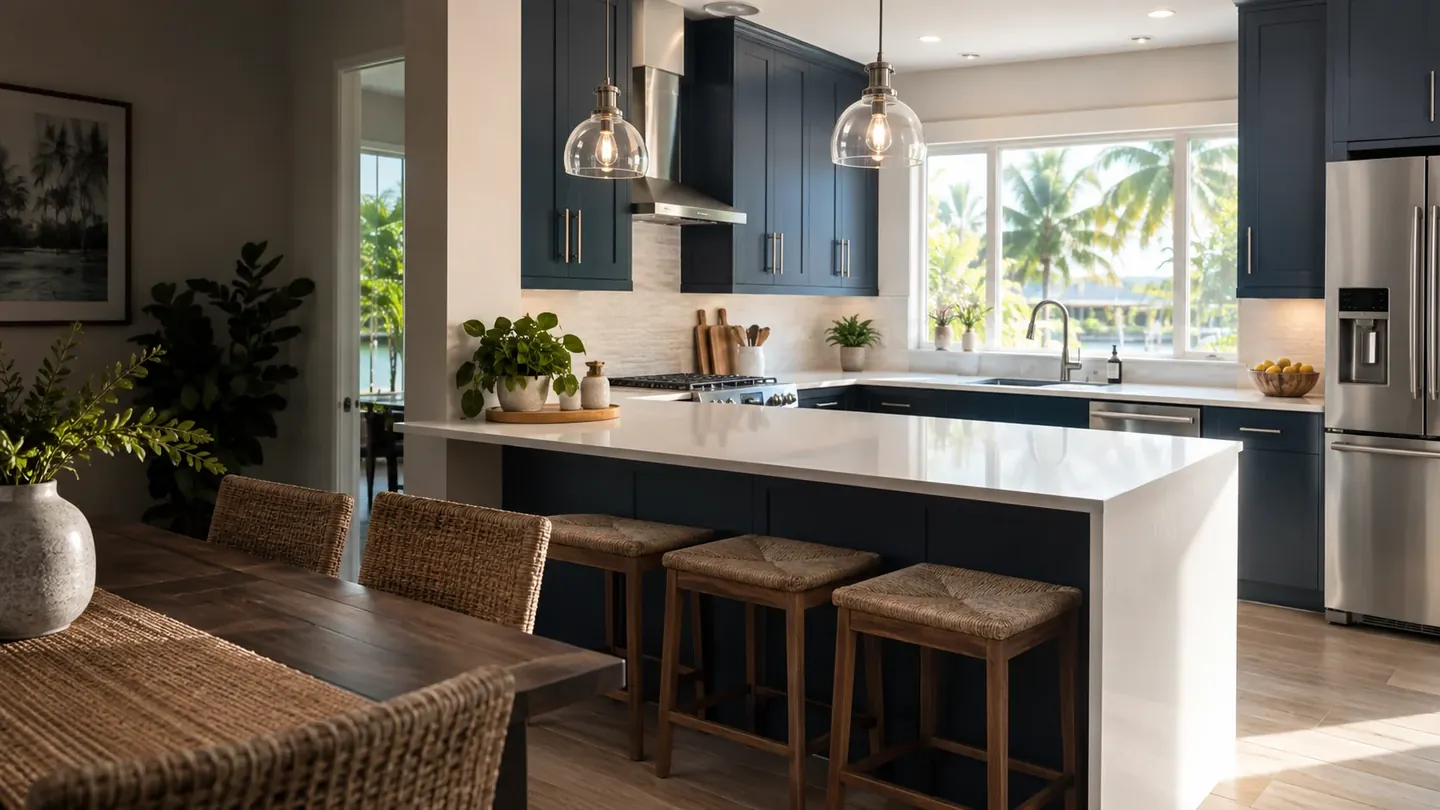 Illustrative remodeled kitchen with navy cabinets, a white quartz peninsula and natural morning light