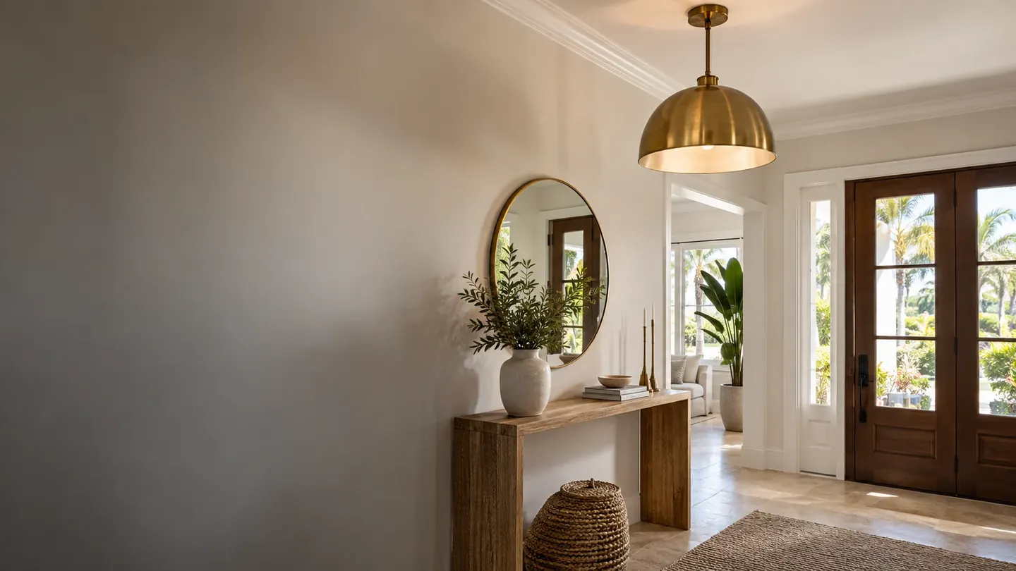 Illustrative brass pendant light above an entry console