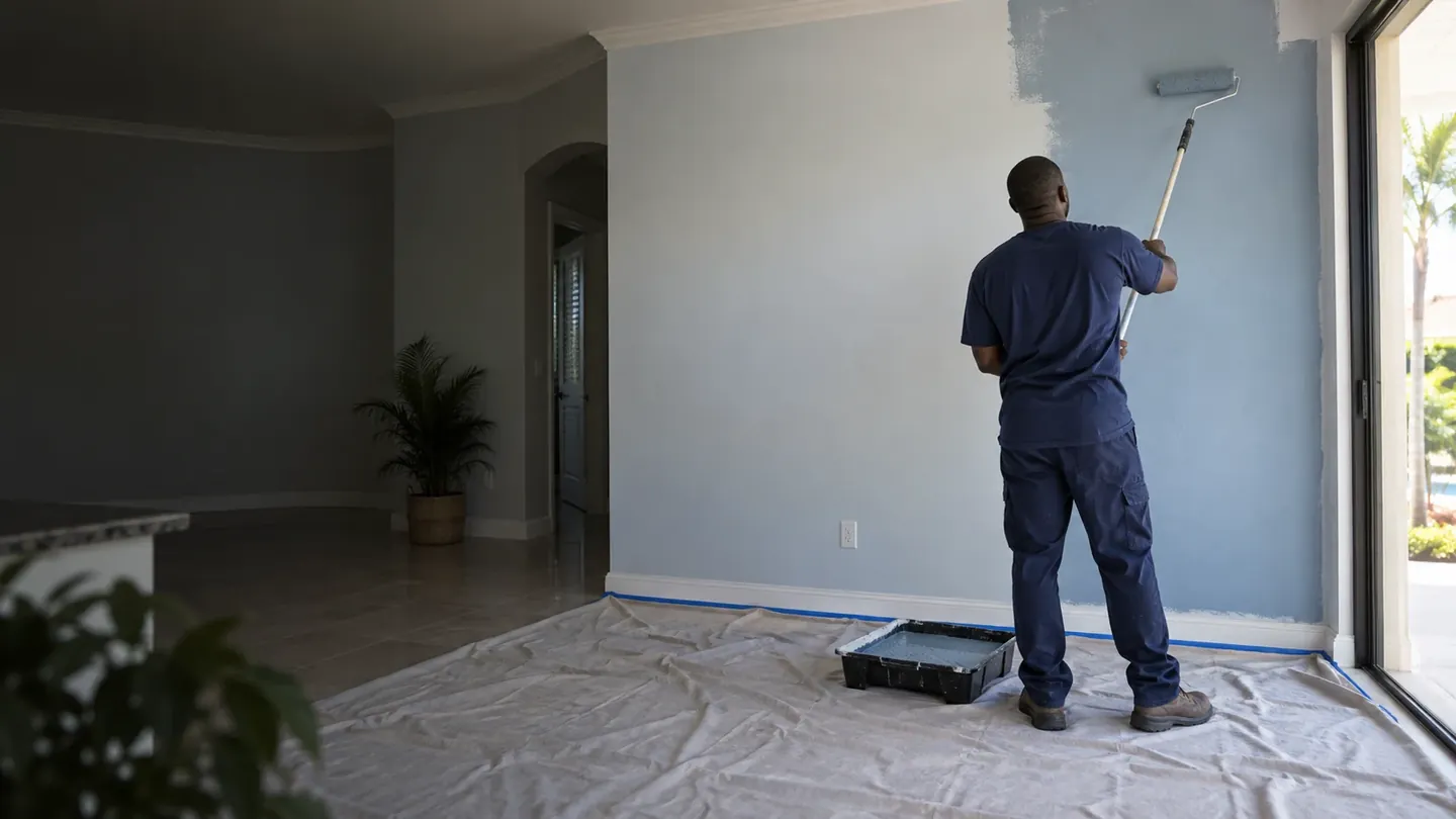 Illustrative Black painter rolling blue paint onto an interior wall