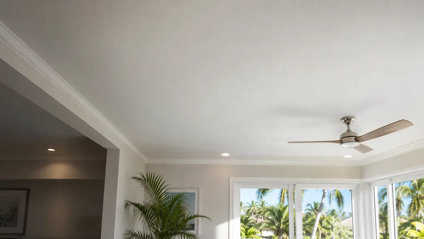 Illustrative smooth finished ceiling in a bright refreshed living room