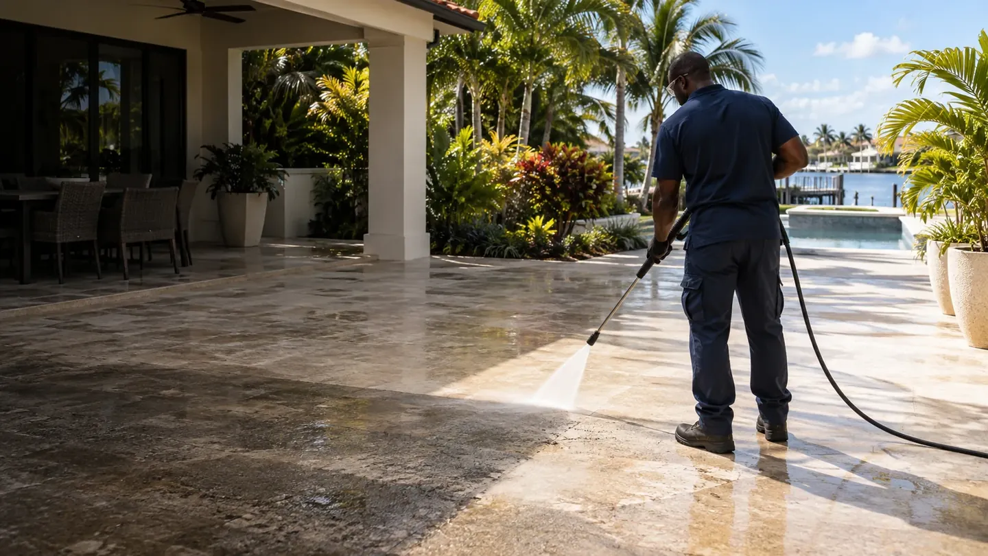 Illustrative Black tradesperson pressure washing a concrete patio