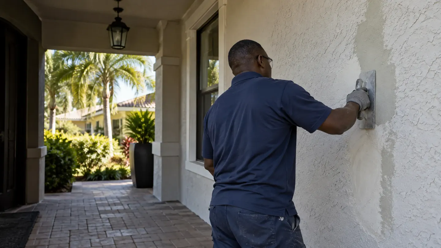 Illustrative Black tradesperson repairing an exterior stucco wall with a trowel