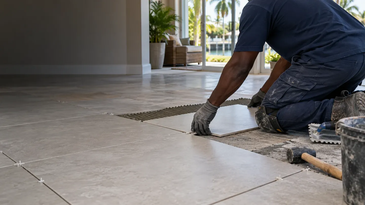 Illustrative Black tile installer aligning floor tiles with spacers