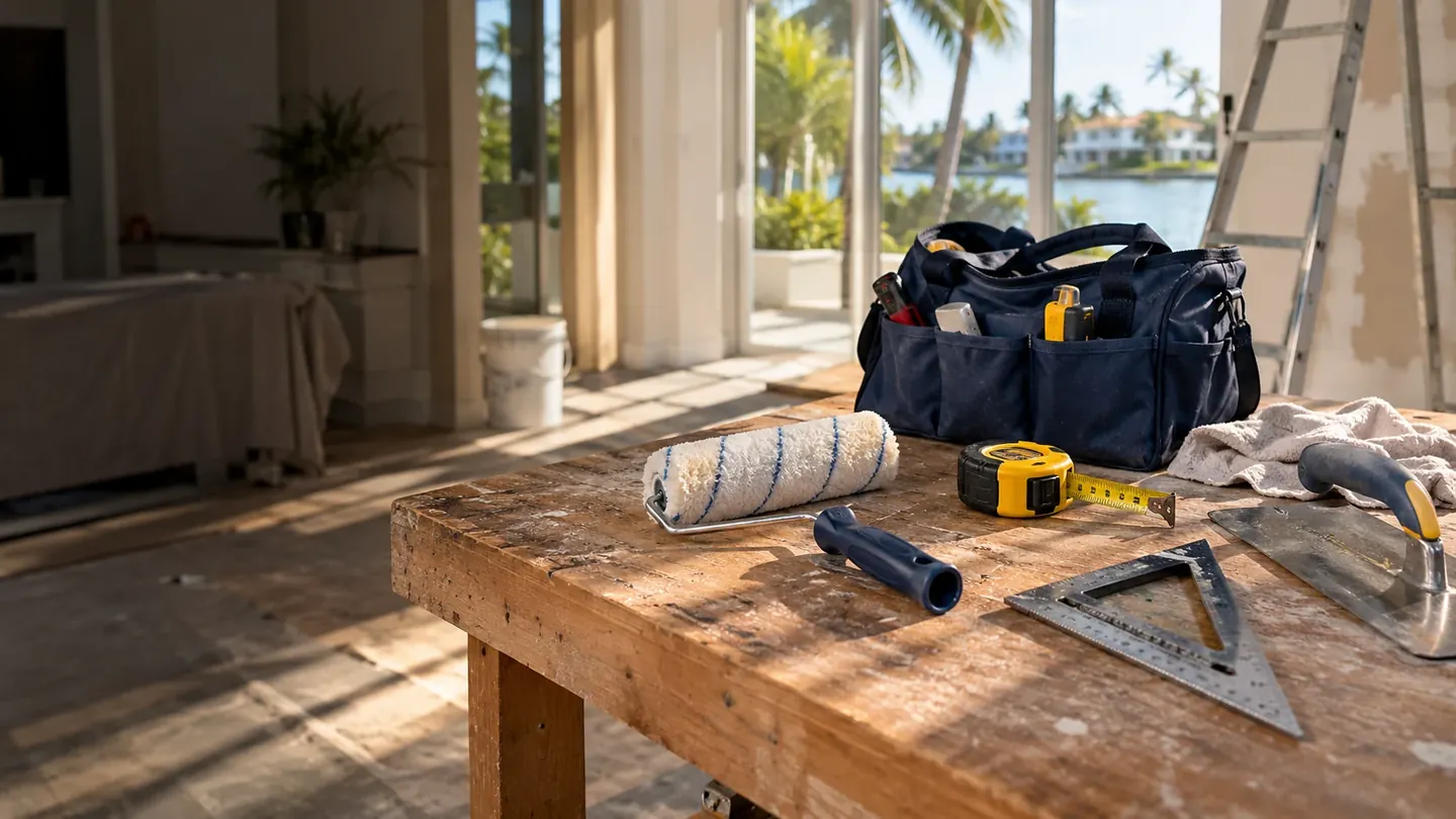 Illustrative home repair tools arranged on a sunlit workbench